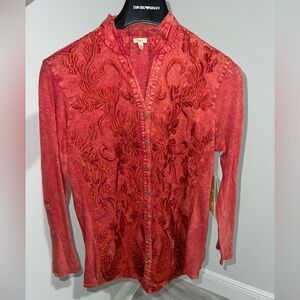 New! Reba Red/Orange embroidered Button Down Shirt size S